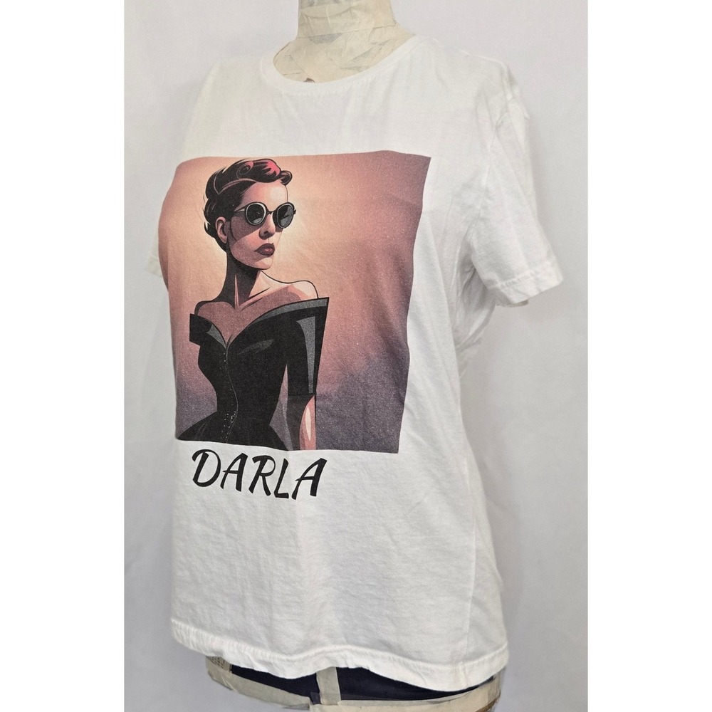 Vanity Darla‎ Graphic T Shirt Womens L White Art Deco Pin Up Tee